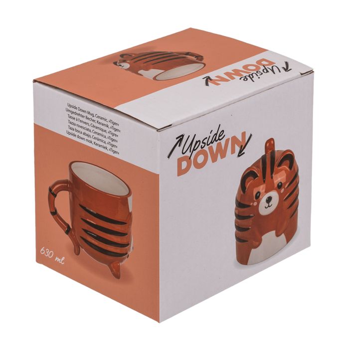 Becher OOTB Tigre, capovolto, in verpakking. Oranje-bruin keramiek, tijgerontwerp. Opschrift "Upside Down", 630 ml.
