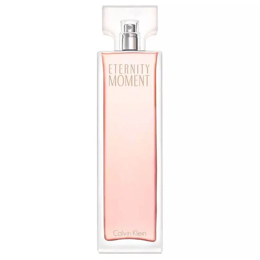 Roze fles met transparante dop. Tekst "Eternity Moment". "Calvin Klein" onderaan.