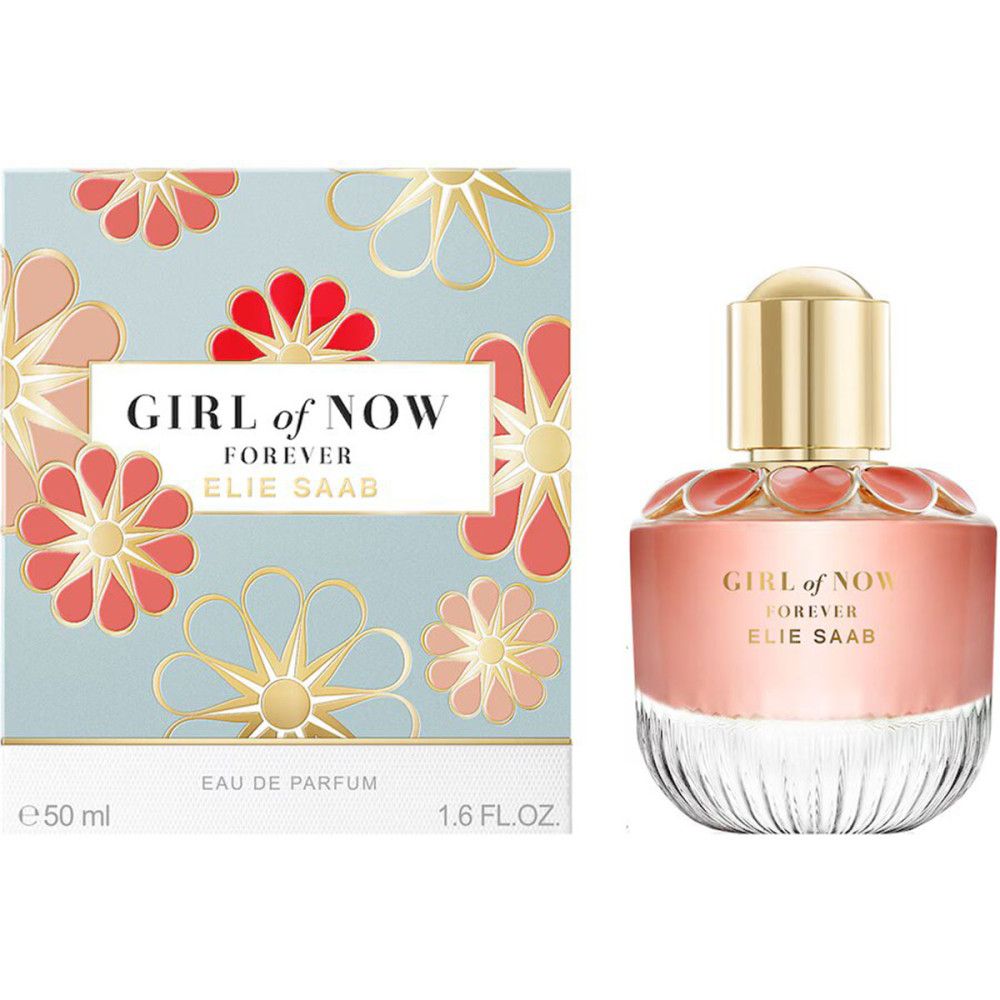 Elie Saab Girl of Now Forever Eau de Parfum 50ml flacon et boîte cadeau à motif floral.