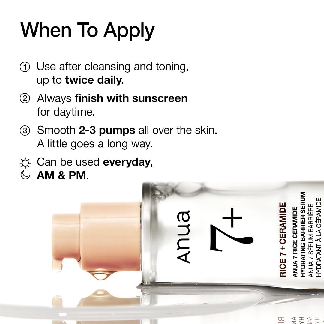 Anua 7 Rice Ceramide Hydrating Barrier Serum fles met pompdispenser.
