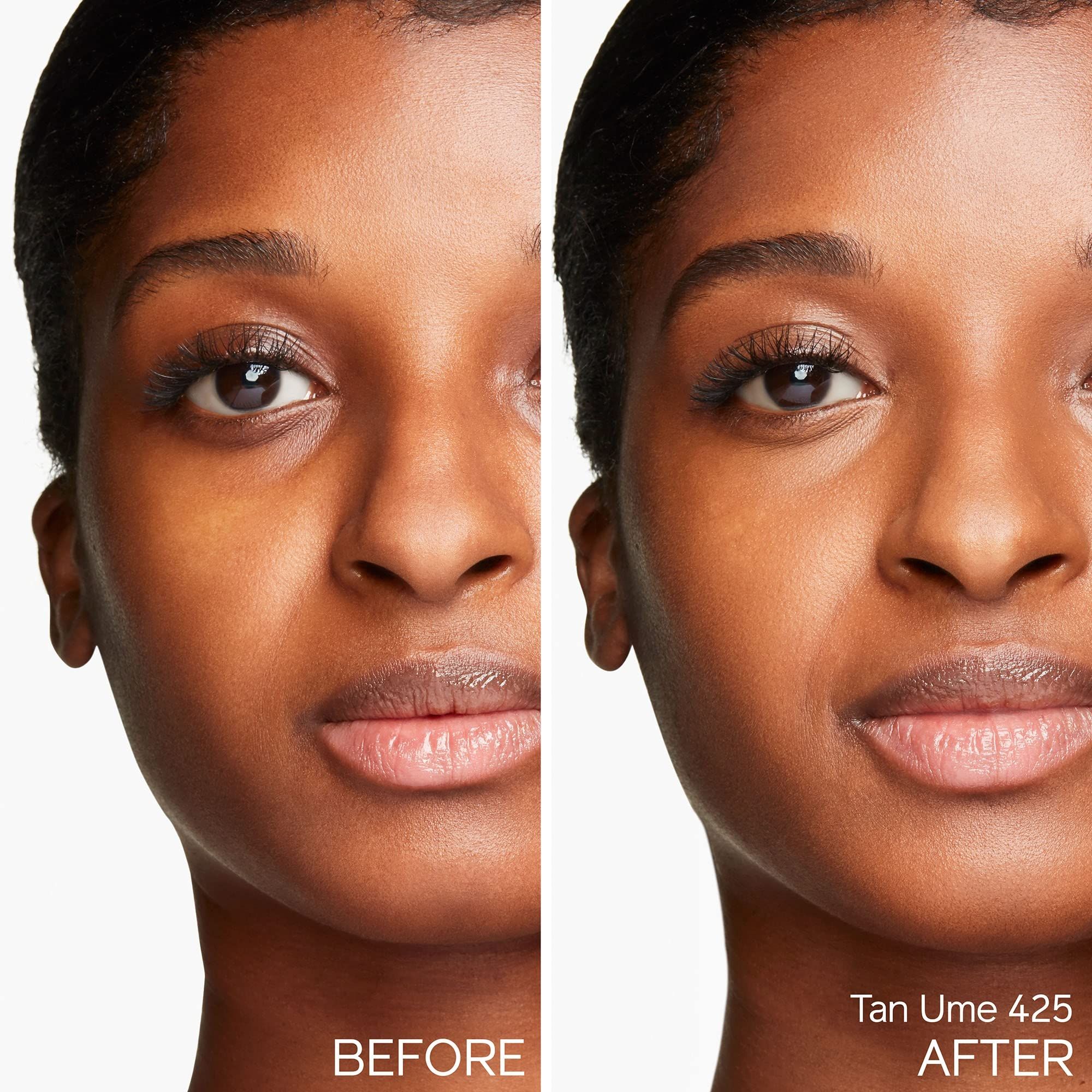 Gezicht van een vrouw. Links: Voor. Rechts: Na. Tint: Tan Ume 425.