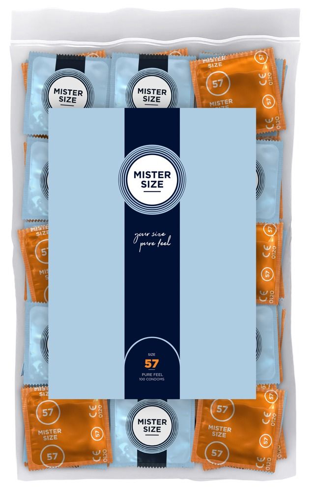 Paquet de préservatifs. Emballages individuels bleus et oranges. Inscription : Mister Size, 57.