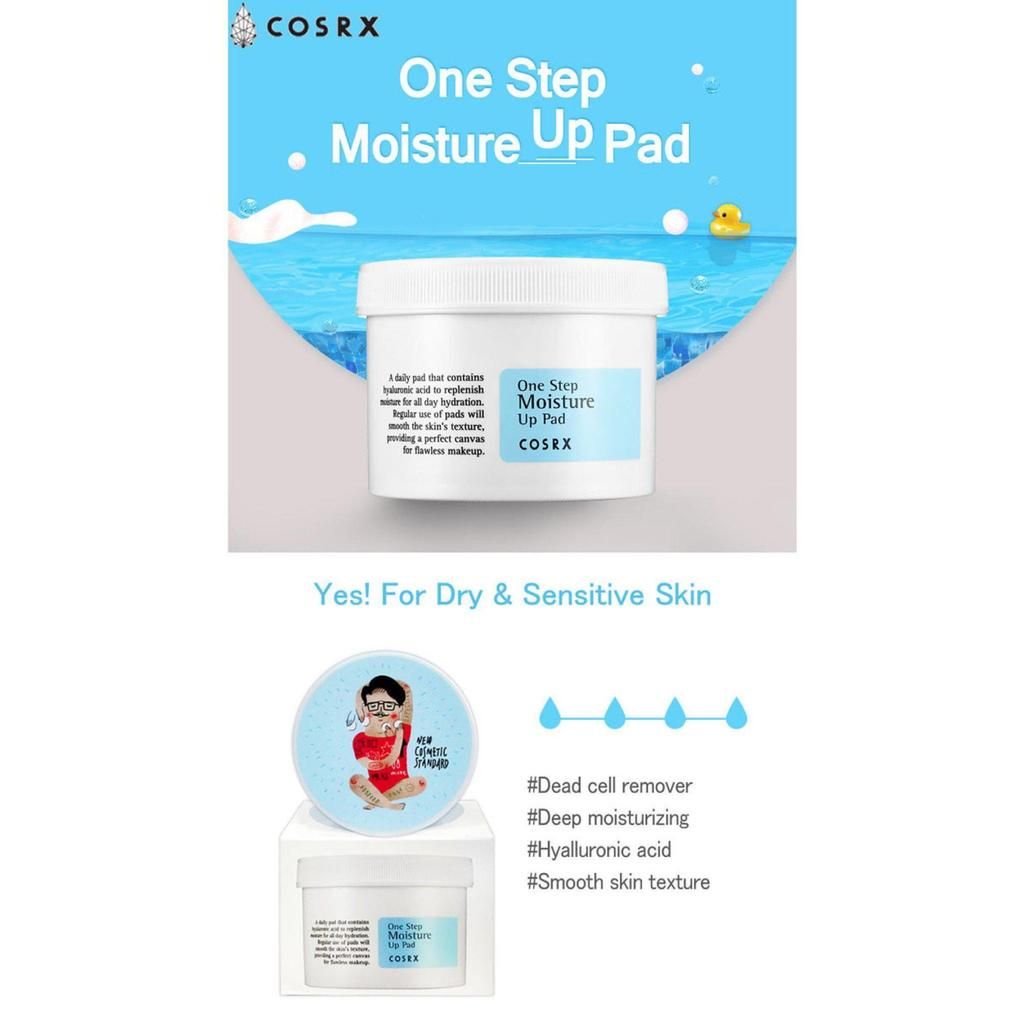 Productafbeelding met tekst. Opschrift: One Step Moisture Up Pad. Merk COSRX.