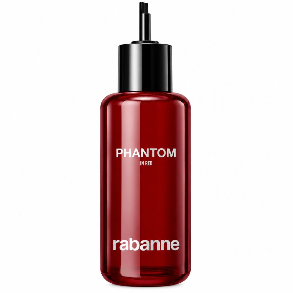 Flacon en verre rouge avec bouchon noir et applicateur. Inscriptions : "PHANTOM IN RED" et "rabanne".