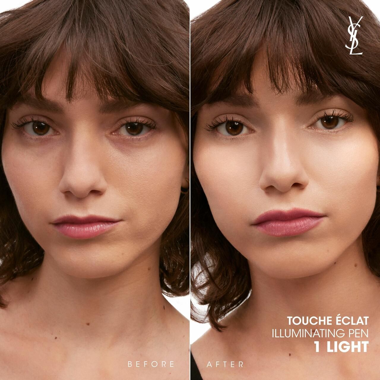 Voor-en-na vergelijking. Vrouw met en zonder product. YSL Touche Éclat.