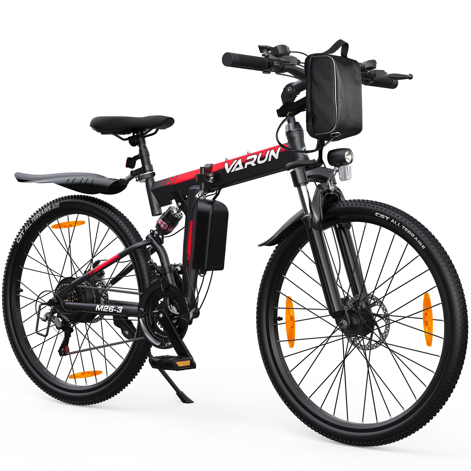 Zwarte VARUN M26-3 e-bike met rode accenten. Voorzien van bagagerek, koplamp en spatborden. 21 versnellingen.