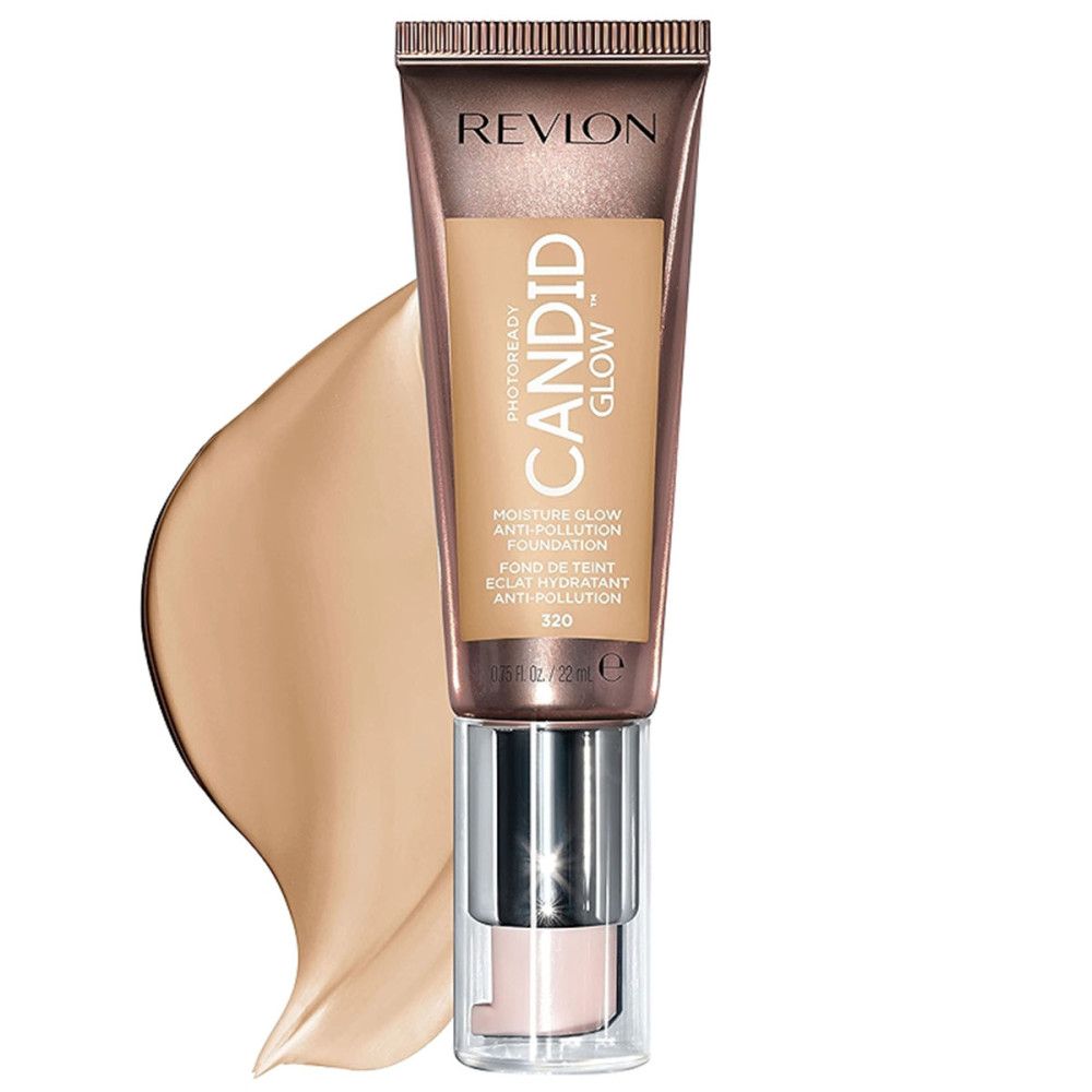 Revlon PhotoReady Candid Glow Foundation. Tube met product en kleurmonster. Tekst: CANDID GLOW, Anti-pollution, tint 320.