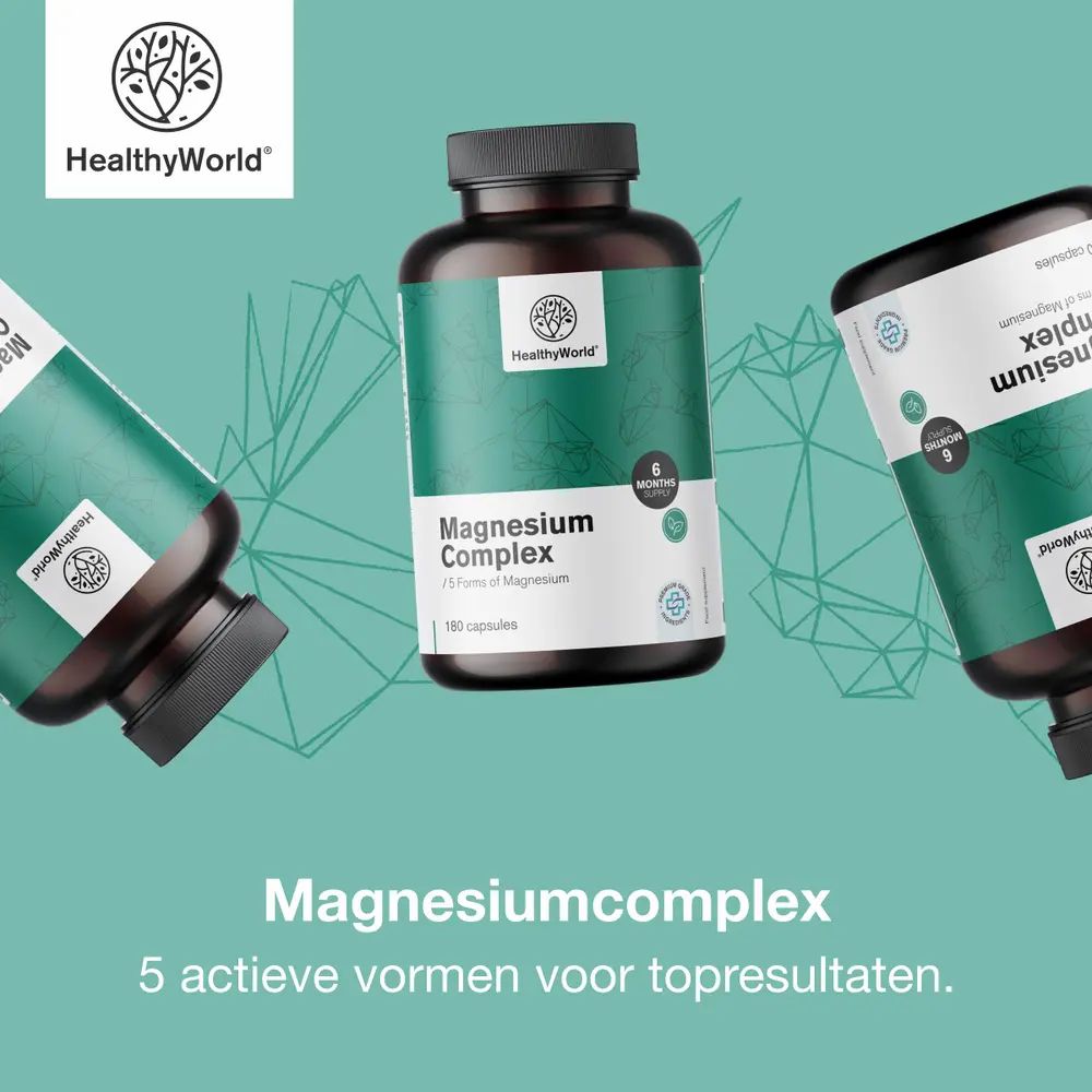 Pot magnesium complex, 180 capsules, met symbolen voor spieren, energie.