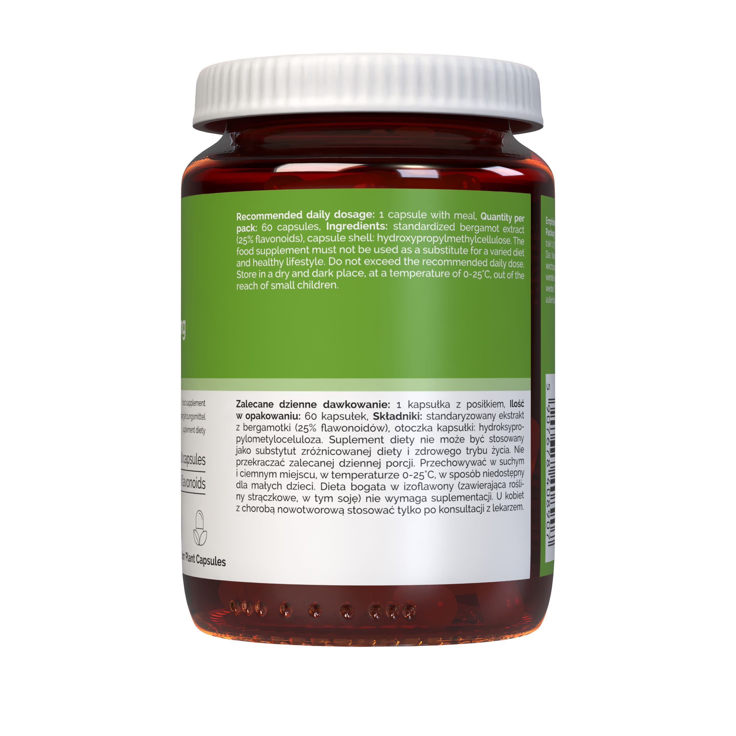 Achterkant van de Vitaler’s Bergamot 600 mg pot met gedetailleerde gebruiksinstructies en ingrediënten.