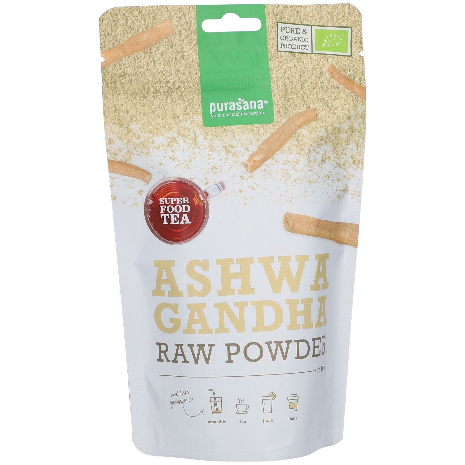 Zakje Ashwagandha poeder. Opschrift: Ashwagandha Raw Powder. Logo: Purasana. Met bio-label.