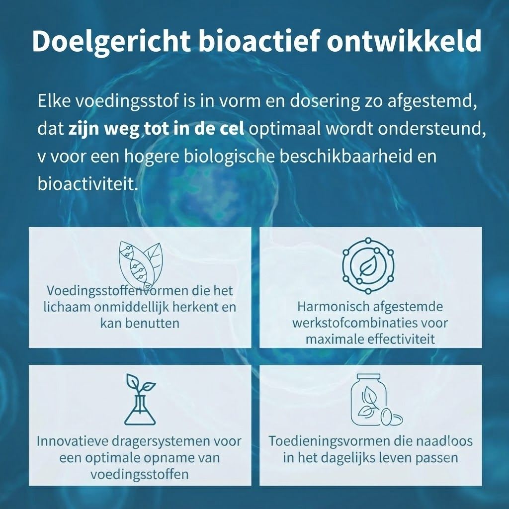 Grafiek met vier iconen die de voordelen van bioactieve voedingsstoffen benadrukken: lichaamsherkenning, synergie, innovatieve draagsystemen, gebruiksgemak.