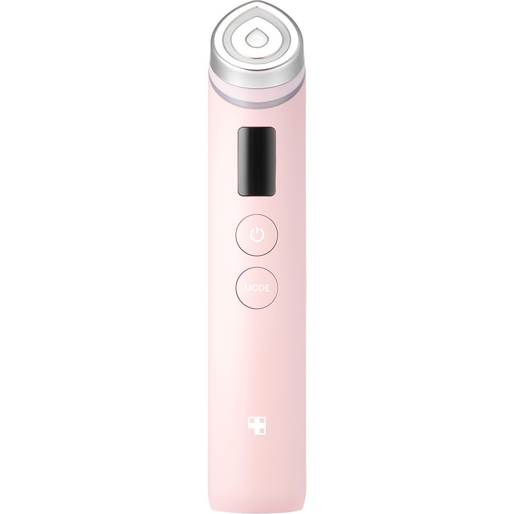 Appareil de soin de la peau, boîtier rose, écran noir, deux boutons. Nom du produit non visible.