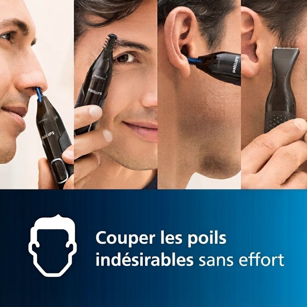 Un homme utilise un taille-narines noir. Le taille-narines a un embout bleu.