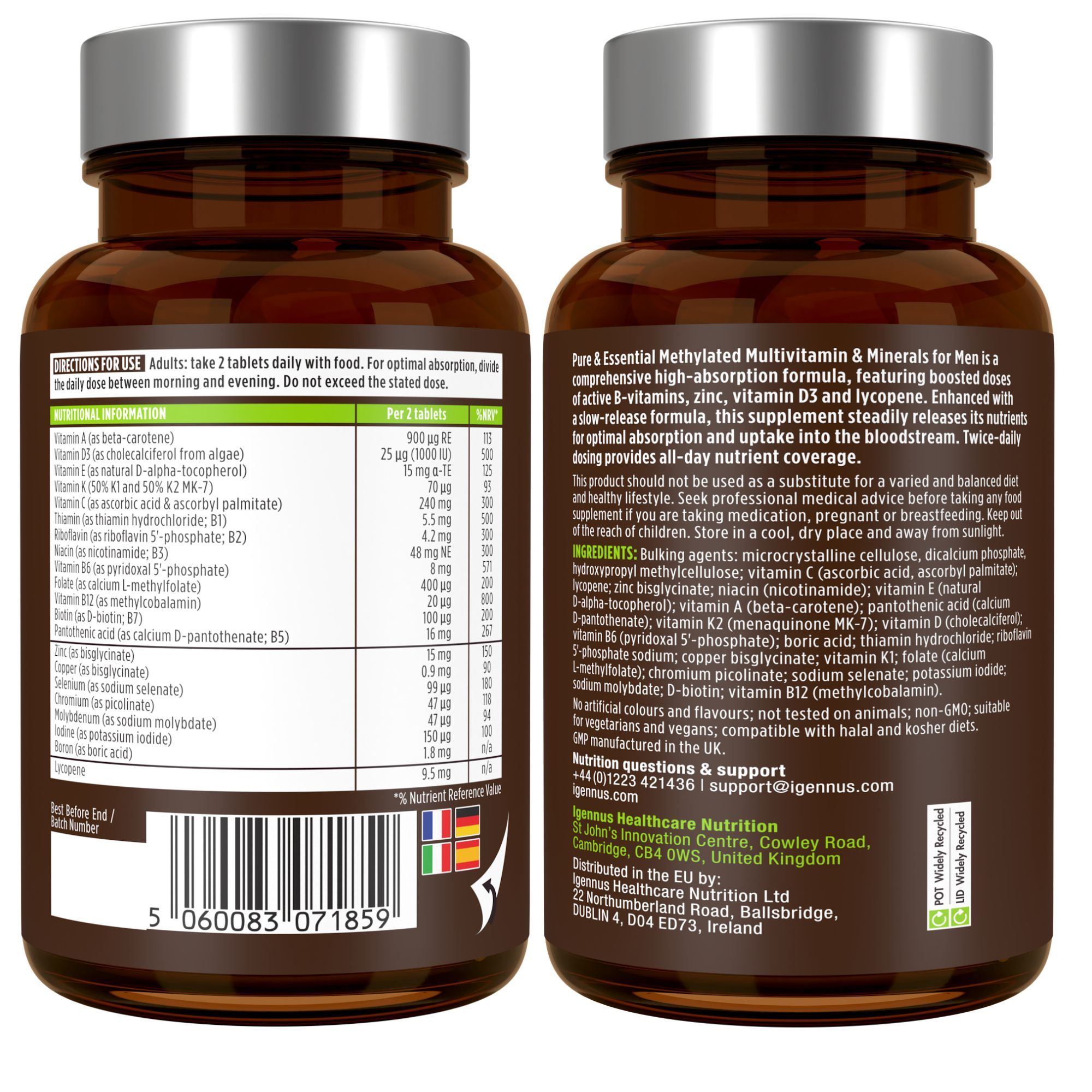 Arrière et avant d'une bouteille de Igennus Multivitamines & Minéraux pour Hommes.