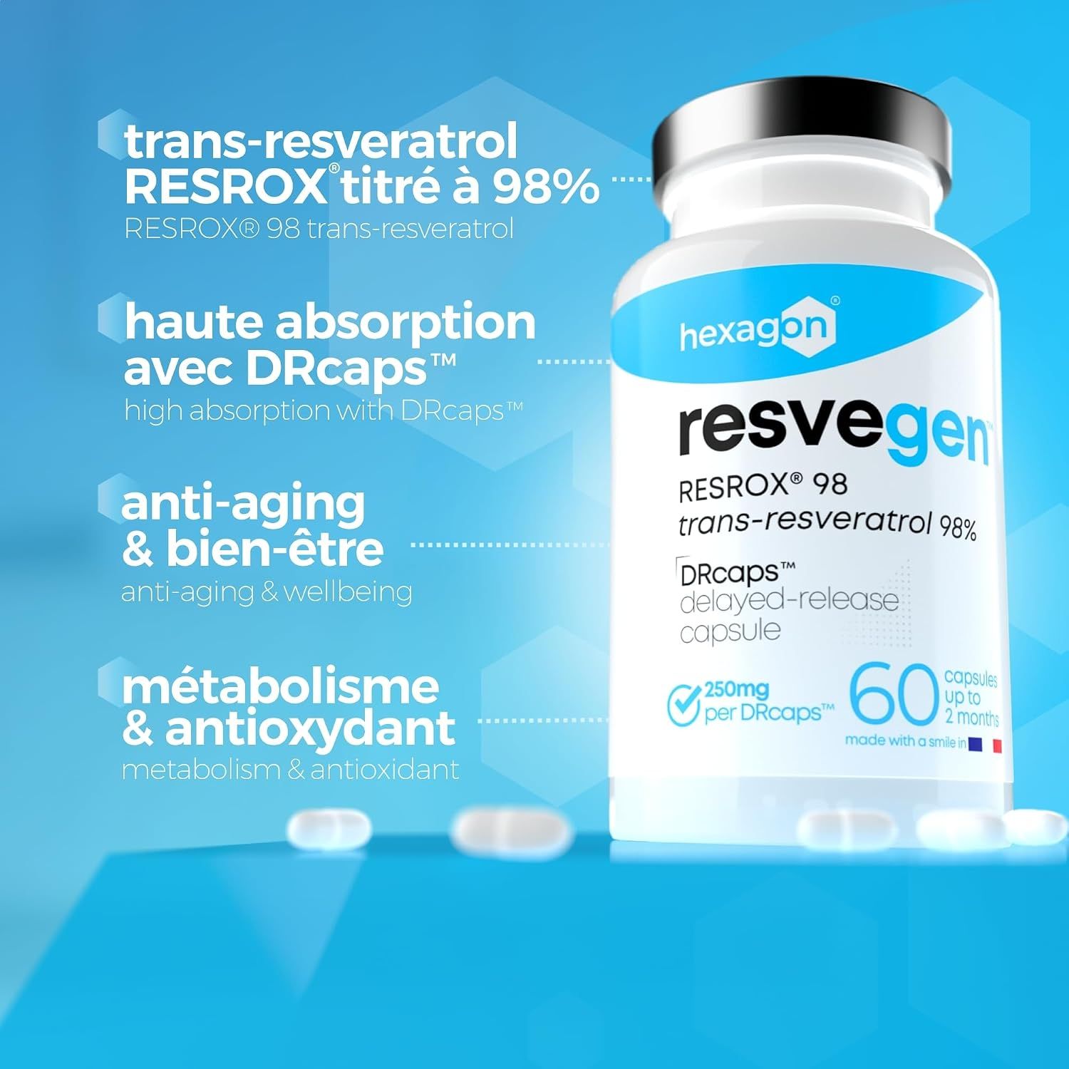 Capsule Hexagon Resveratrol: Anti-âge & bien-être, métabolisme & antioxydant.