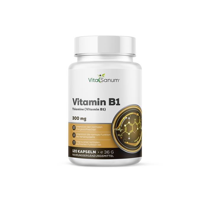 Witte fles met dop. Opschrift: VitaSanum Vitamine B1, 300 mg, 120 capsules. Goudkleurig designelement met chemische structuur.