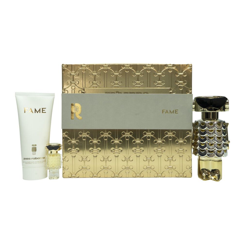 Rabanne FAME parfum geschenkset met flacon, miniatuurflacon en bodylotion.