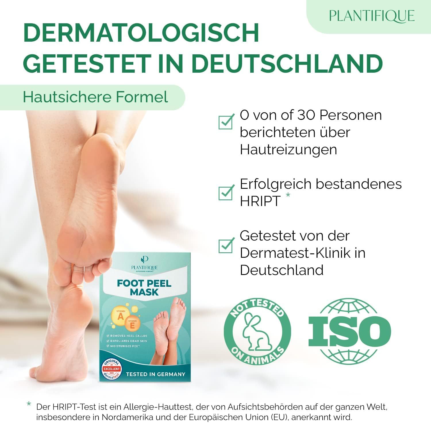 Emballage du produit et pieds. Texte : Testé dermatologiquement en Allemagne. Certifications : Non testé sur les animaux, ISO. Paquet de masque pour les pieds.