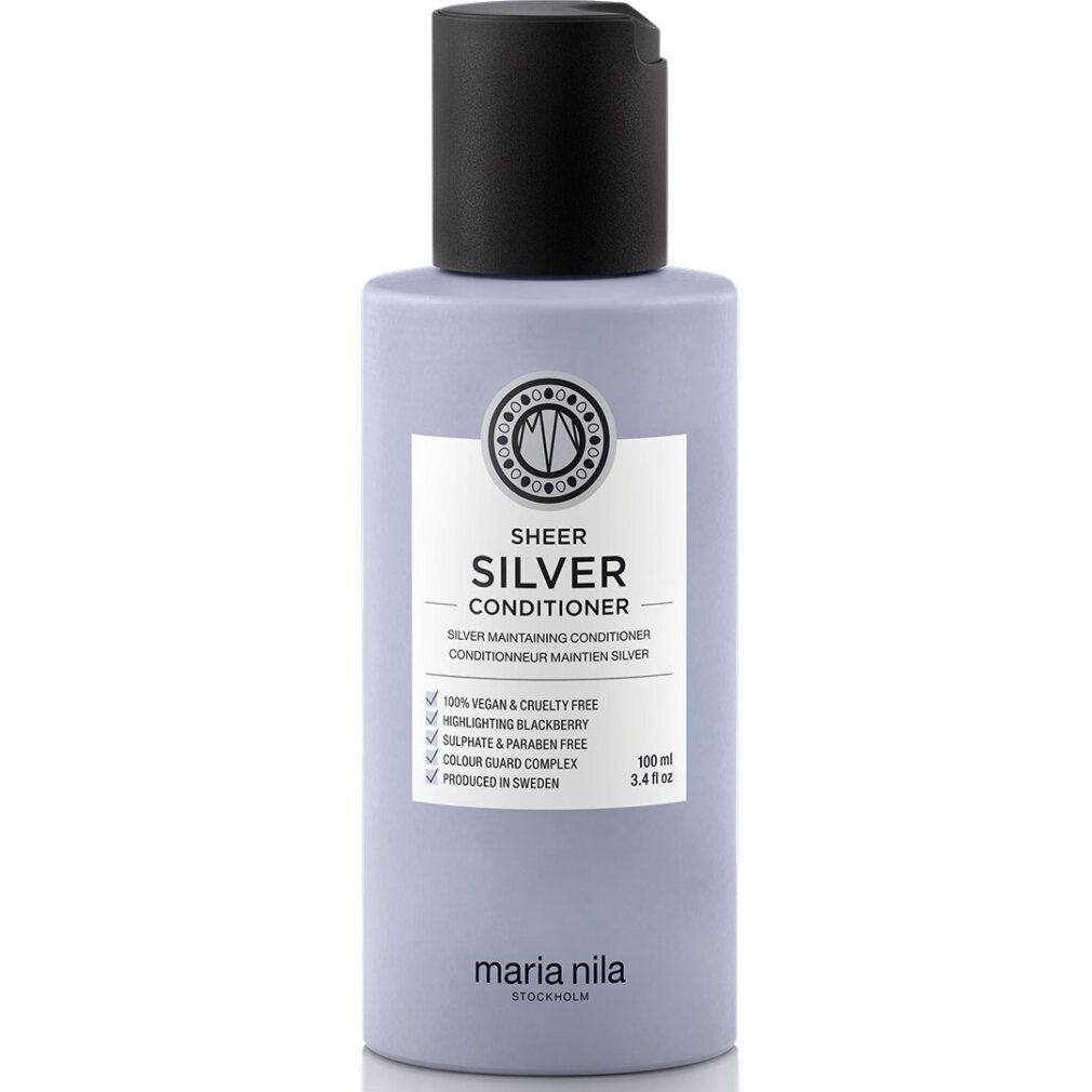 Maria Nila Sheer Silver Conditioner, flacon de 100ml avec bouchon noir à rabat.
