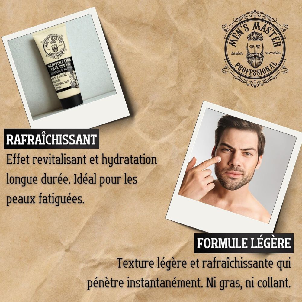 Deux photos. Tube de crème et homme. Texte : Rafraîchissant, formule légère.