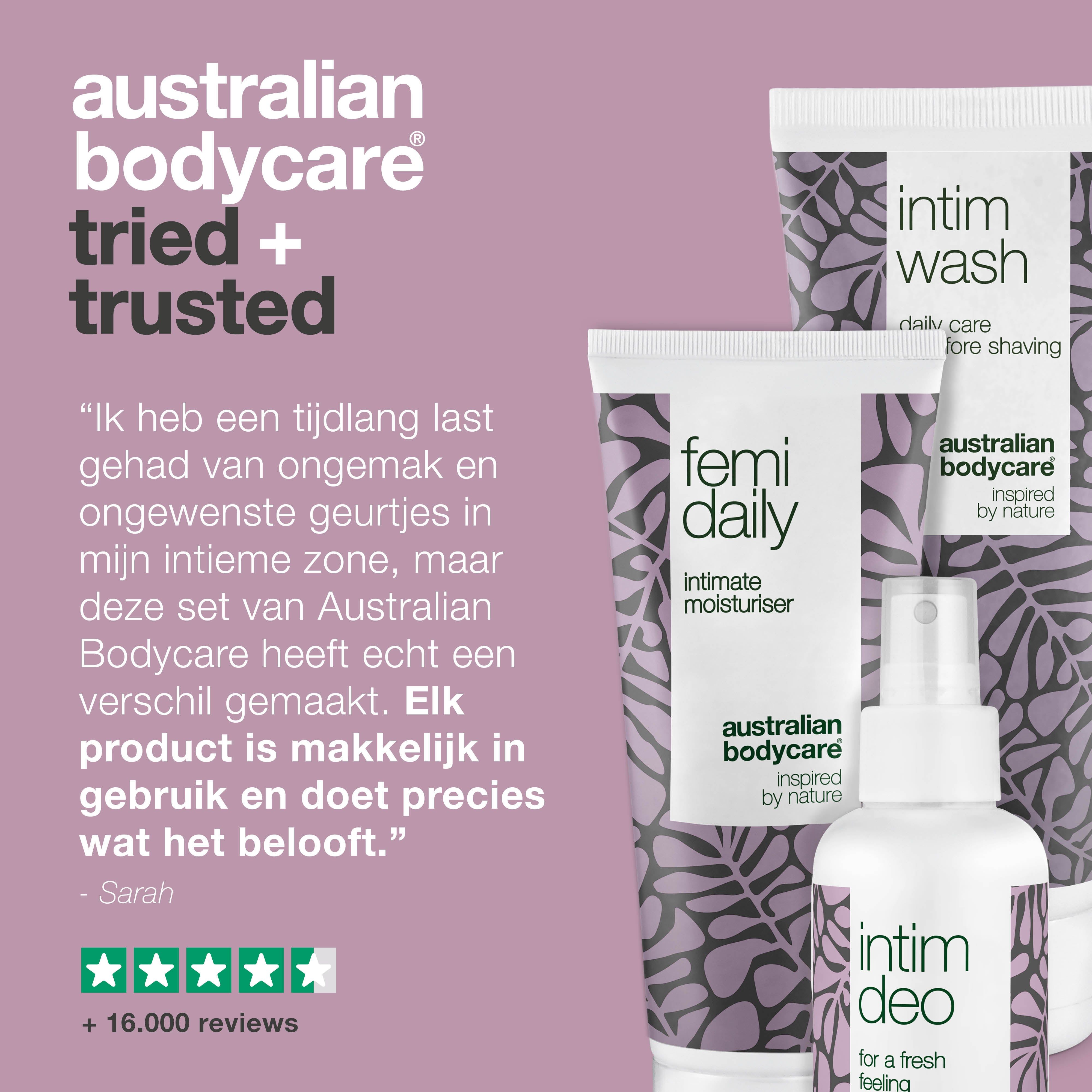 Drie producten: Intim Wash, Femi Daily, Intim Deo. Tekst: Getest en vertrouwd. Citaat en beoordelingen.