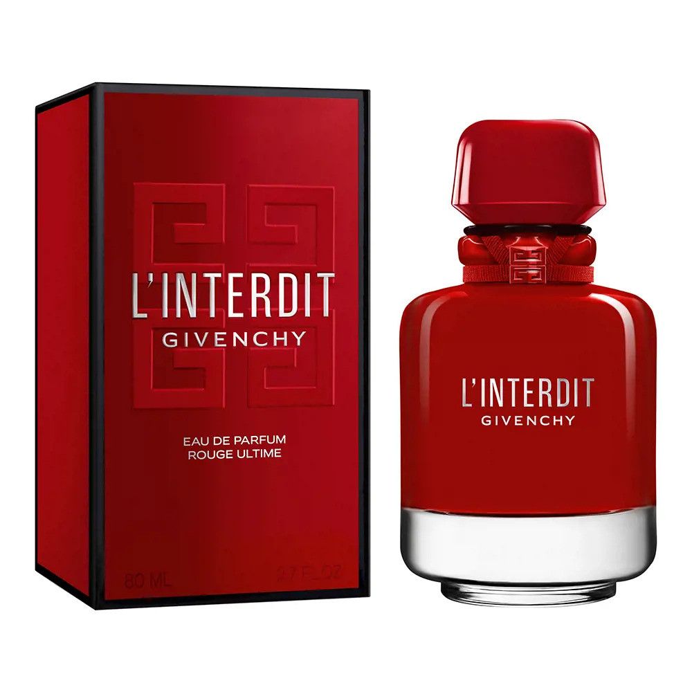Rode fles en doos. Opschrift L'Interdit Givenchy. Eau de Parfum Rouge Ultime. Zilveren flesbodem. Rode verpakking.
