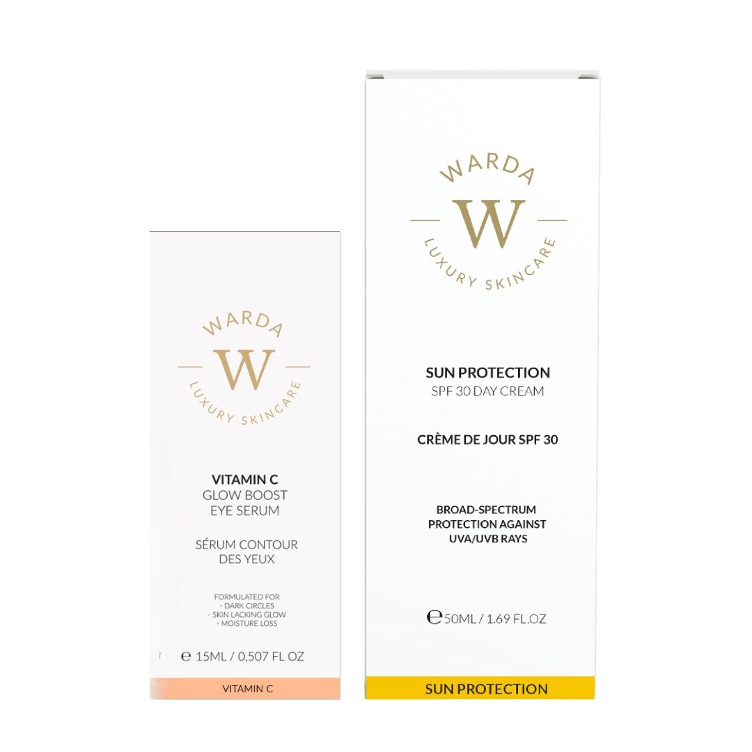 Twee verpakkingen. Opschrift: Vitamine C, SPF 30. Merk: Warda Luxury Skincare.