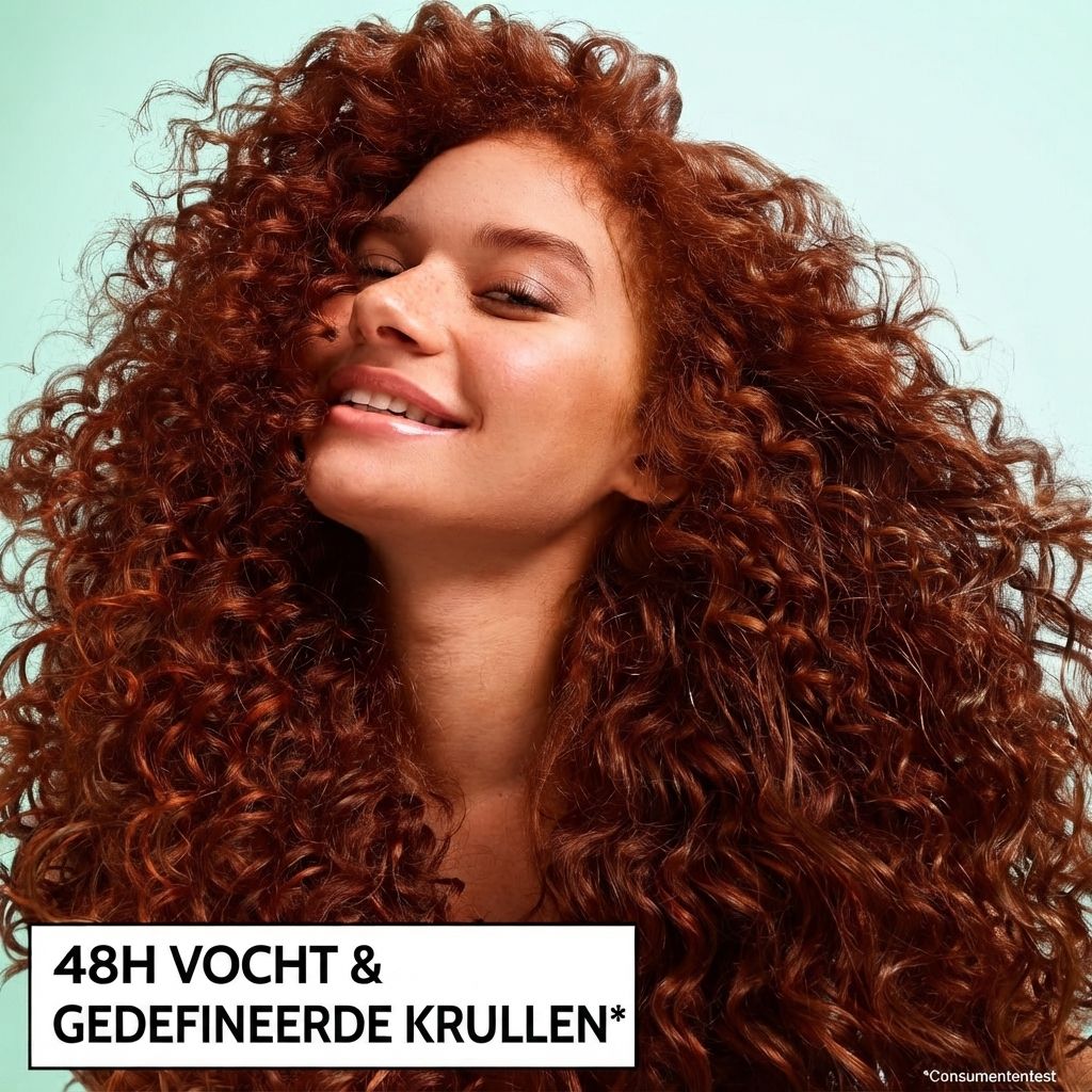 Vrouw met vol, krullend rood haar, lachend.
