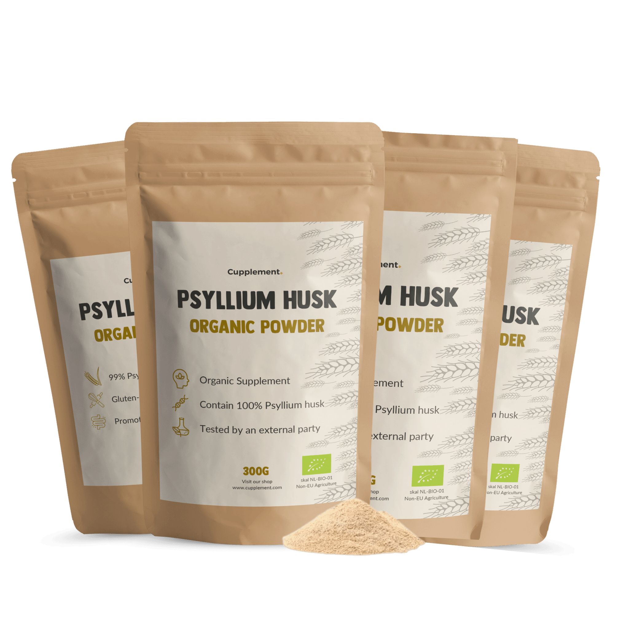 Meerdere zakken psylliumpoeder. Opschrift: Psyllium Husk Organic Powder. 300g. Biokeurmerk.