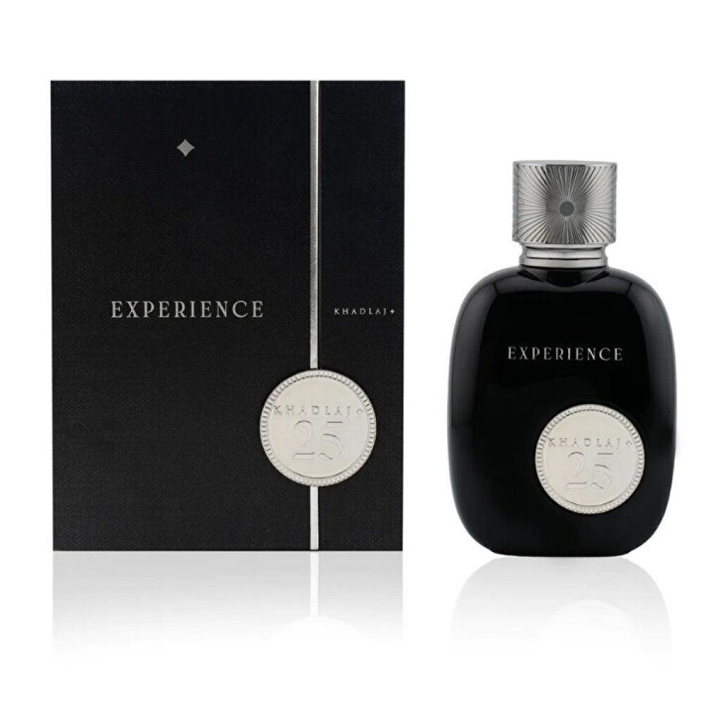 Flacon de parfum noir à côté d'une boîte cadeau noire. Les deux portent "EXPERIENCE" et "25".
