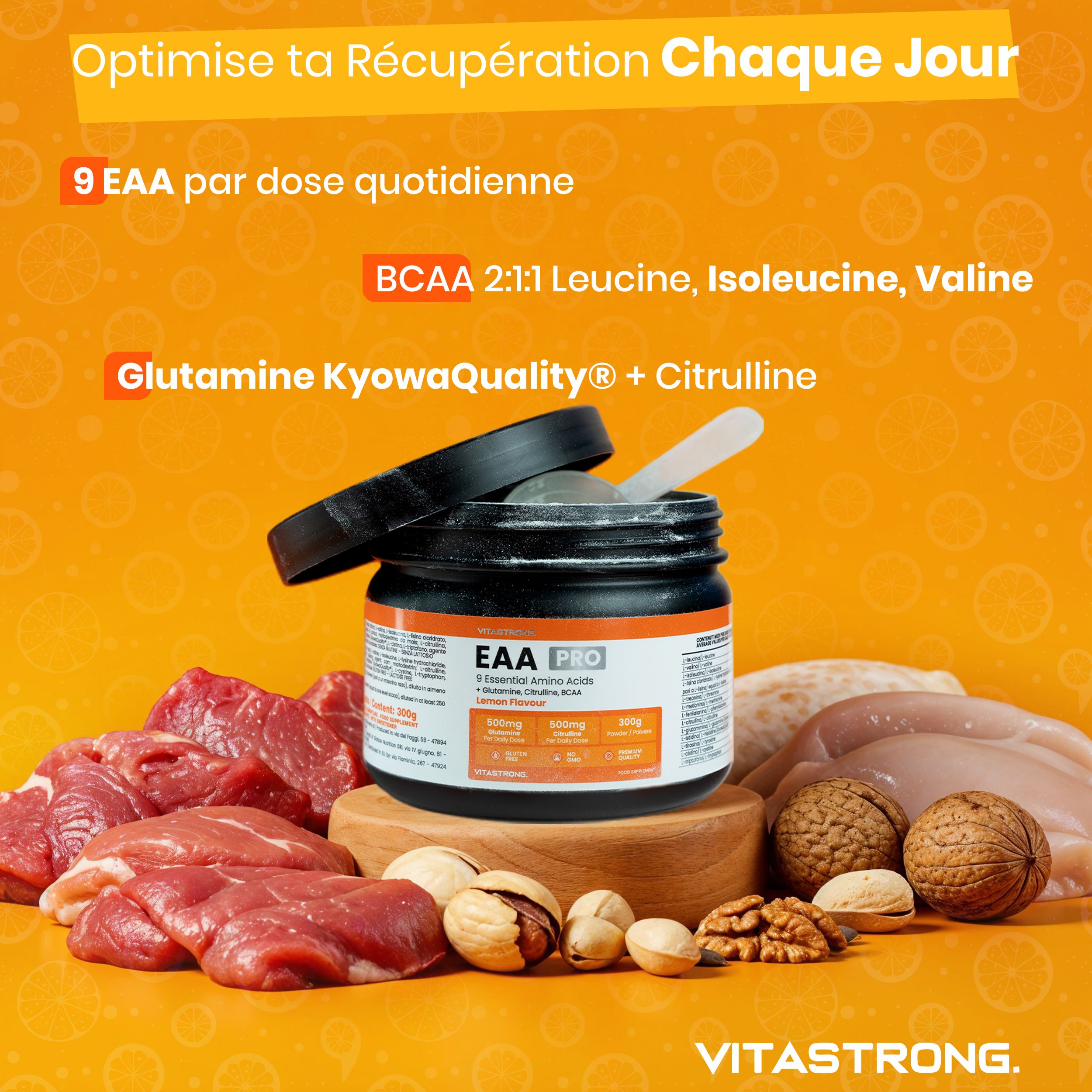 Vitastrong EAA Pro pot, citroenen. Tekst: EAA Pro, 9 essentiële aminozuren, citroen. Zonder suiker, zonder kleurstoffen. Gecertificeerd.