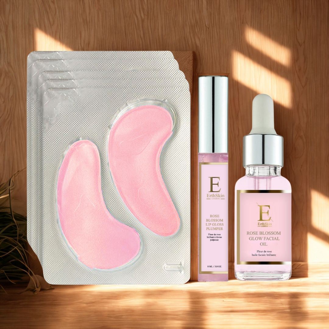 Patchs pour les yeux roses, gloss et huile pour le visage. Patchs en blister. Gloss et huile avec logo "E". Fond en bois.