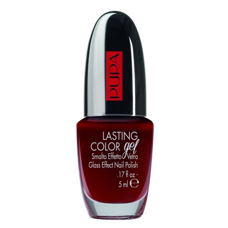 Pupa nagellak dieprood met gel-effect en glazen afwerking. Flesje van 5 ml met zilveren applicator.
