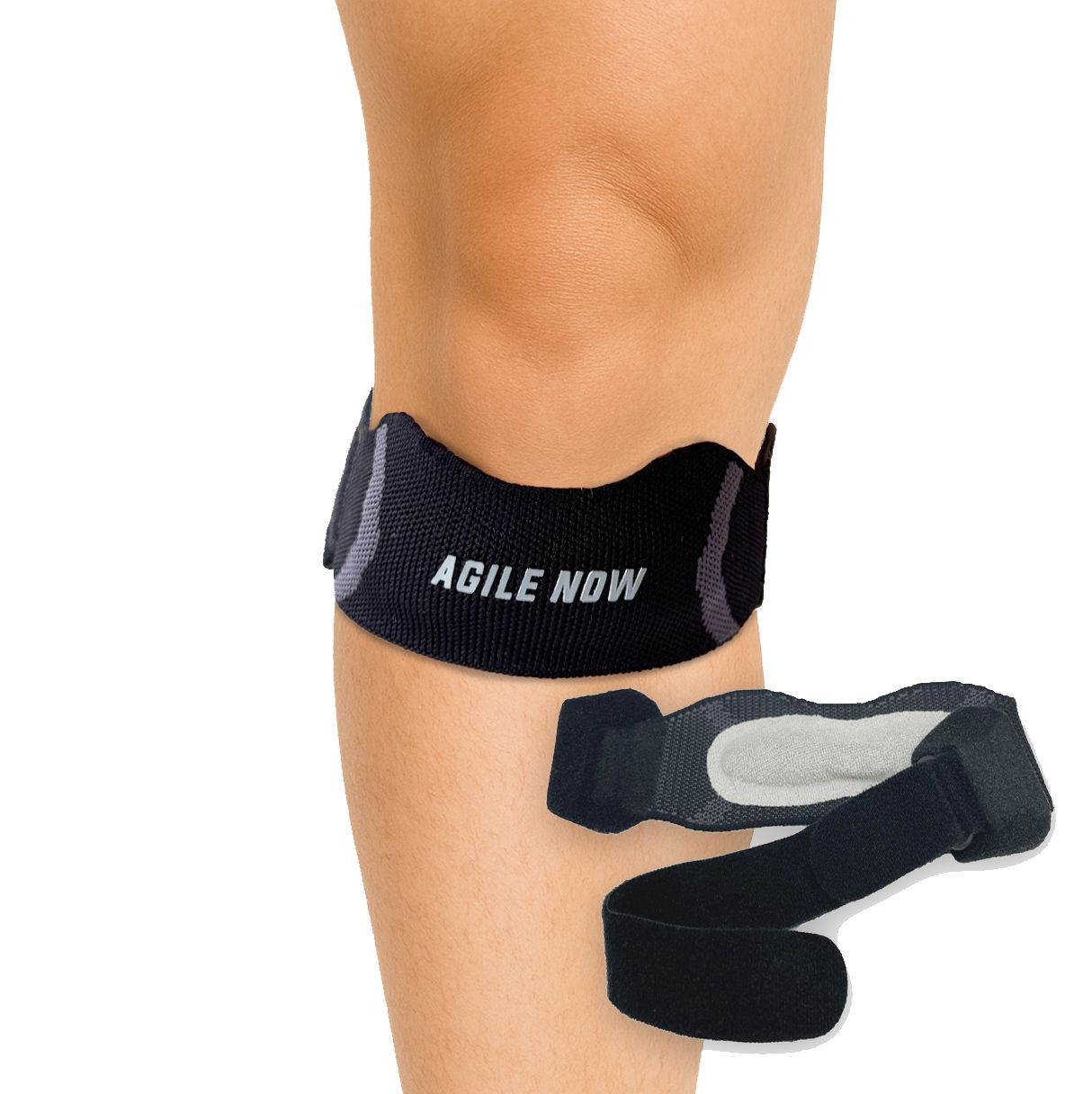 Genouillère sur une jambe. Texte : AGILE NOW. Genouillère supplémentaire.