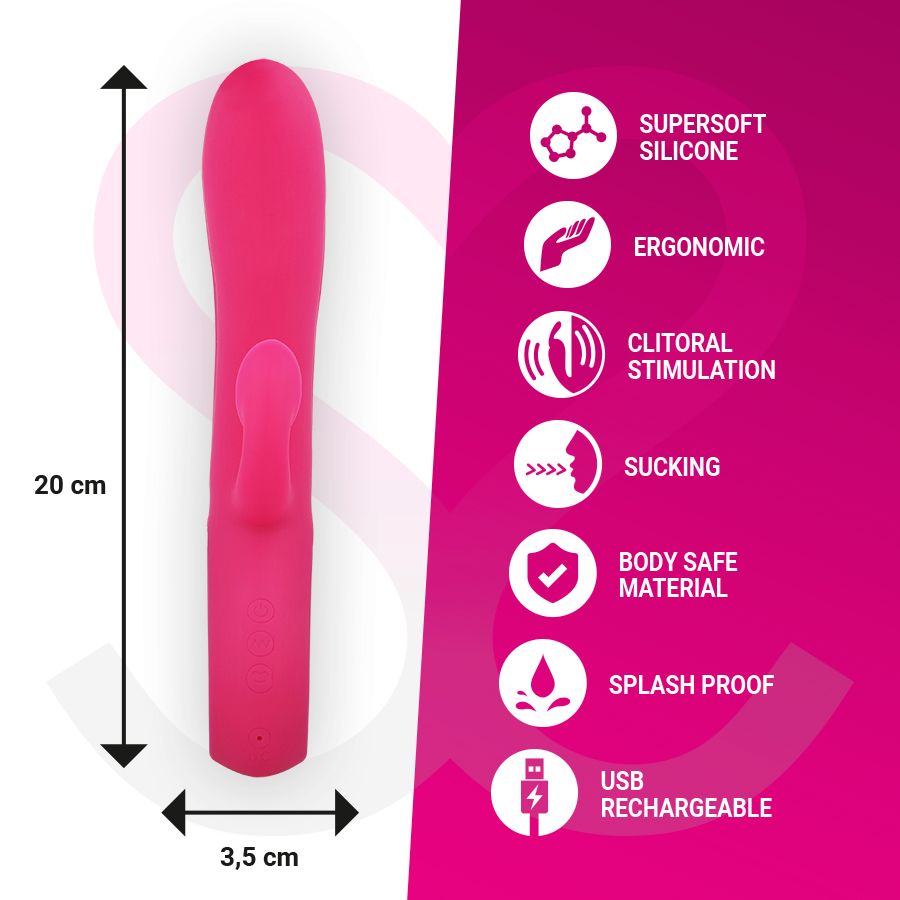 Lovetoy rose avec dimensions : 20 cm long, 3,5 cm large. Icônes : silicone, ergonomique, stimulation, succion.