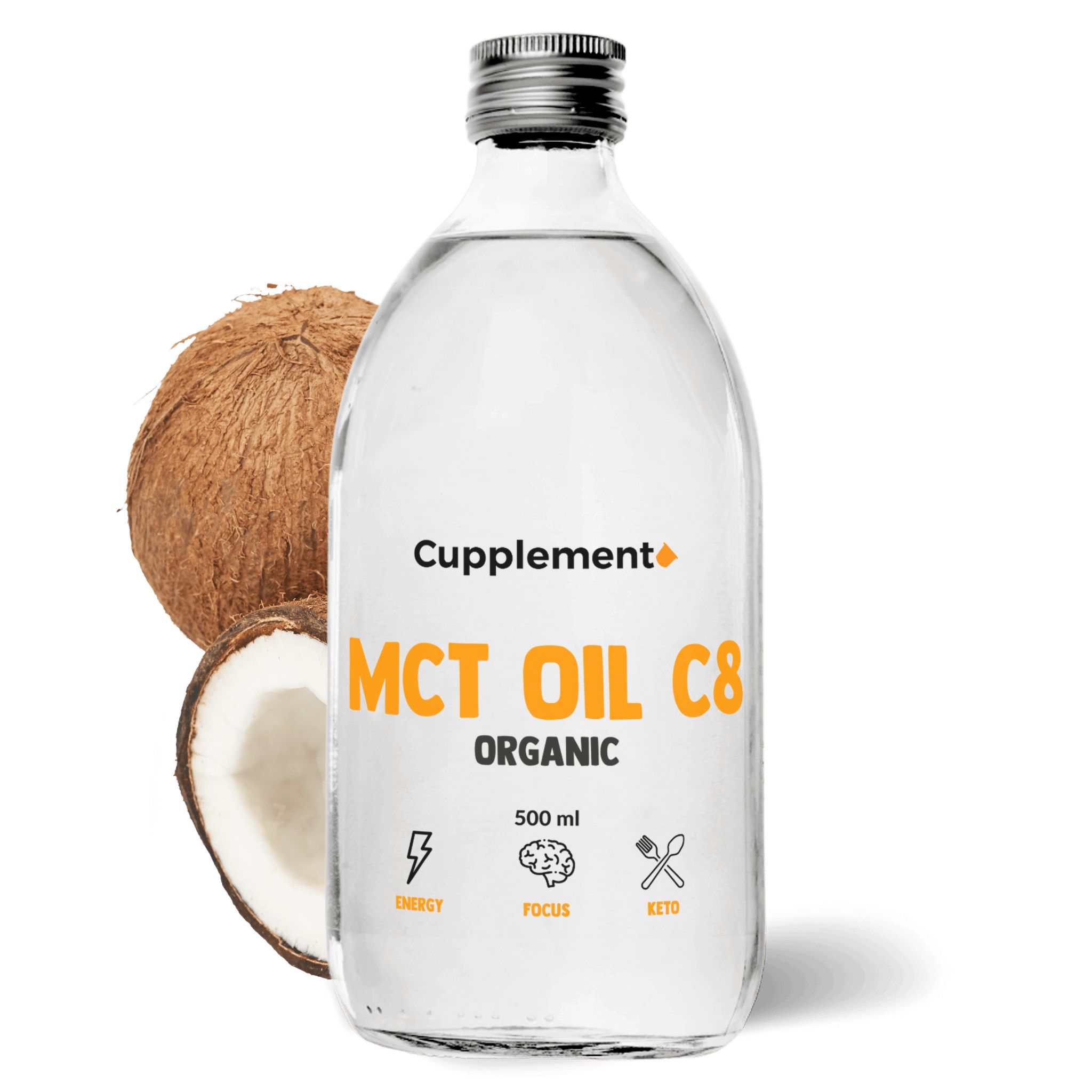 Glazen fles MCT OIL C8, 500 ml. Kokosnoot ernaast. Opschrift: ORGANIC. Symbolen: energie, focus, keto.