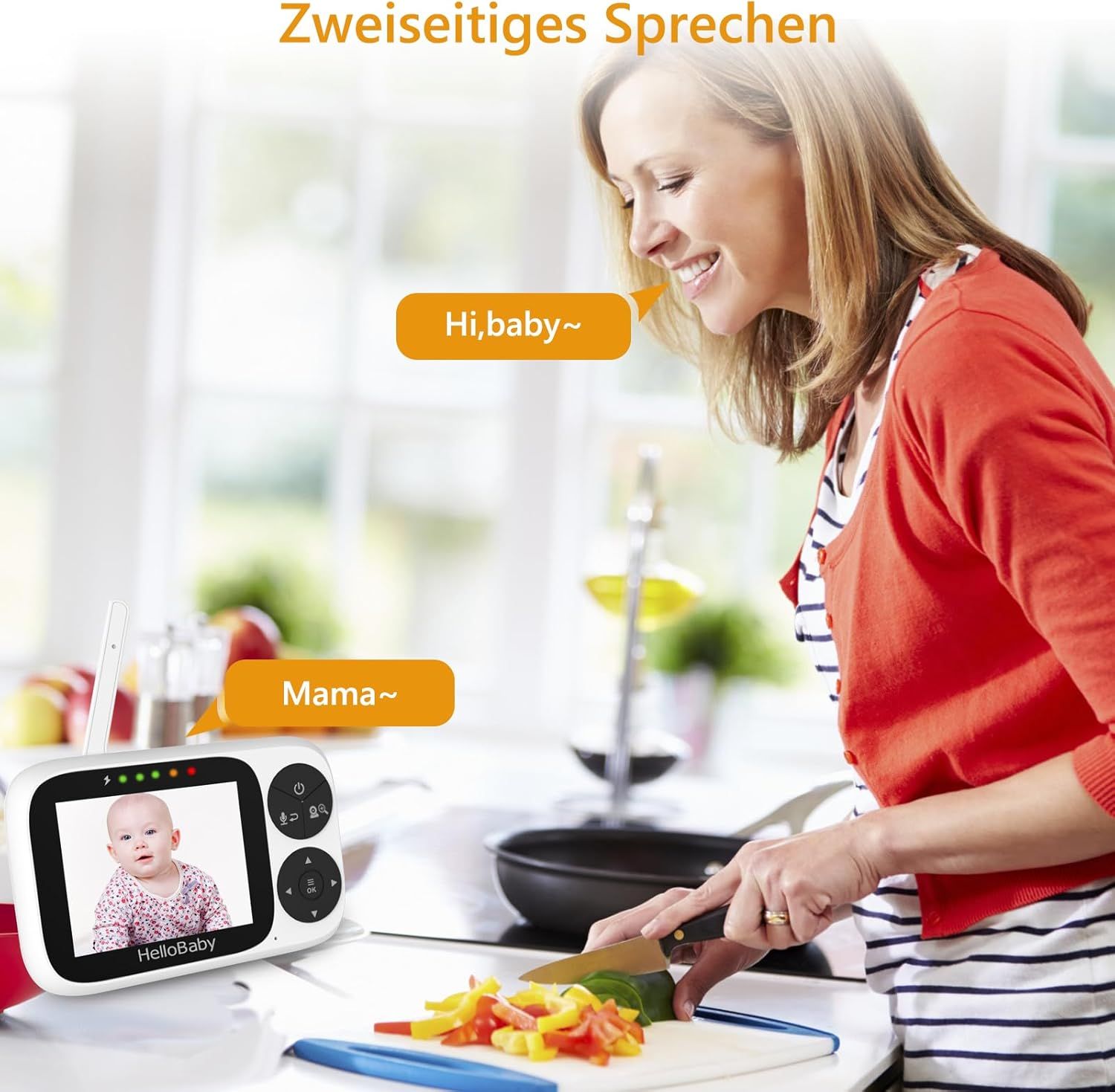 Babyphone avec audio bidirectionnel. Femme dit "Maman~", babyphone montre "Salut, bébé~". Moniteur affiche bébé.
