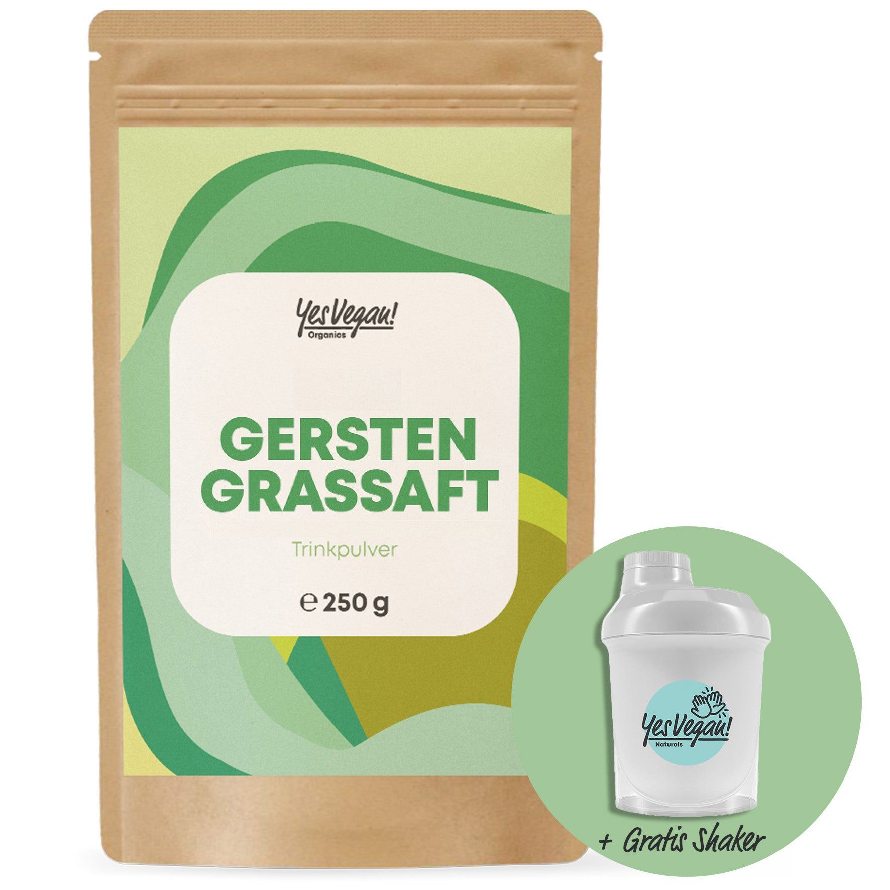 Gerstengraspoeder in bruine staande verpakking met gratis shaker.