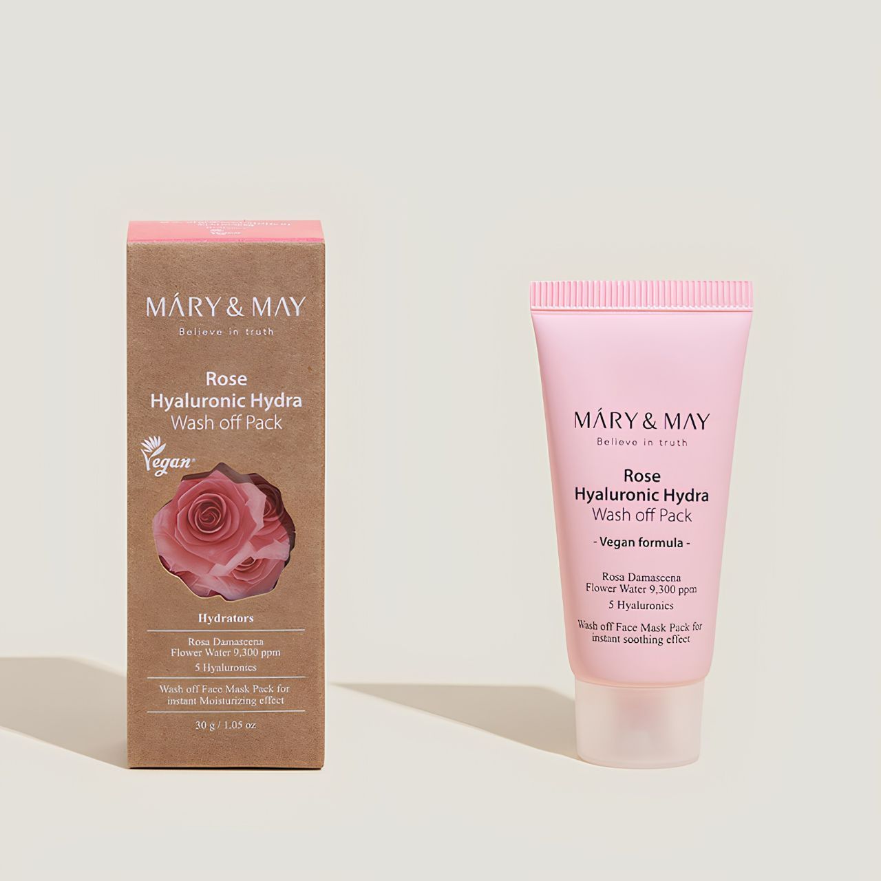 Verpakking en tube van de MARY & MAY Rose Hyaluronic Hydra Wash off Pack.