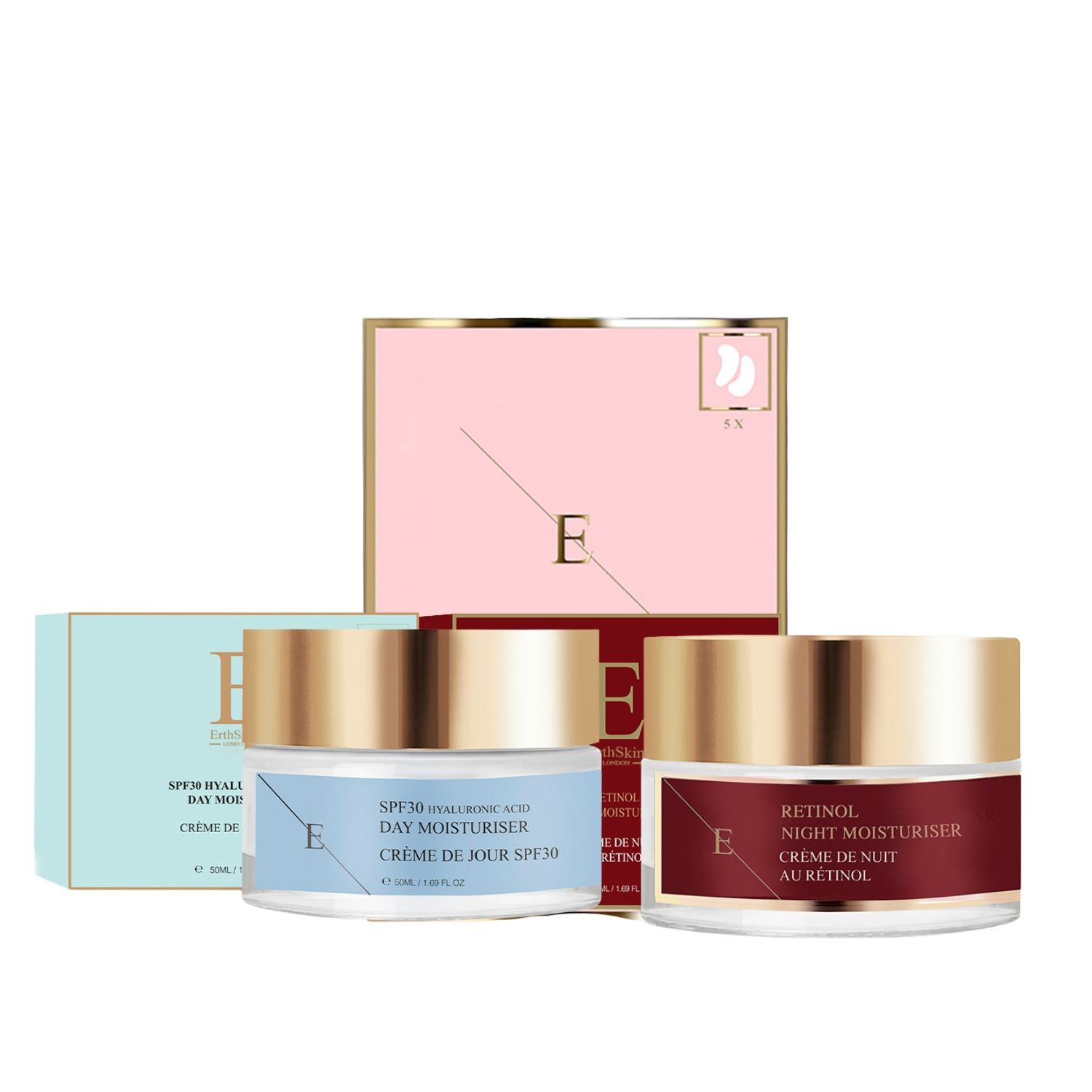 Trois pots et deux boîtes. Inscriptions: SPF30, Rétinol, Crème de Jour, Crème de Nuit. Couvercles dorés, emballage rose et bleu clair.