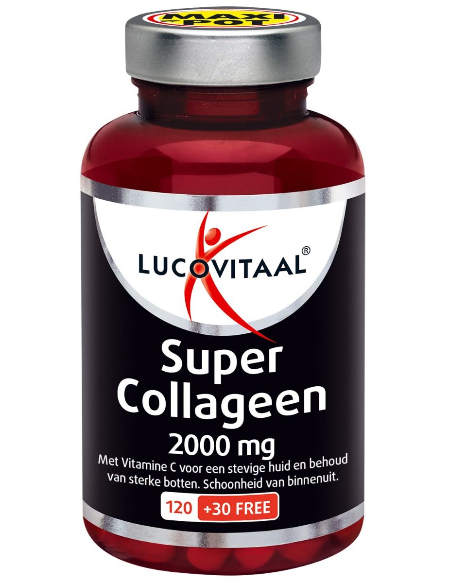 Flacon rouge avec étiquette noire. Inscription: Lucovitaal Super Collageen 2000 mg. 120 + 30 comprimés.