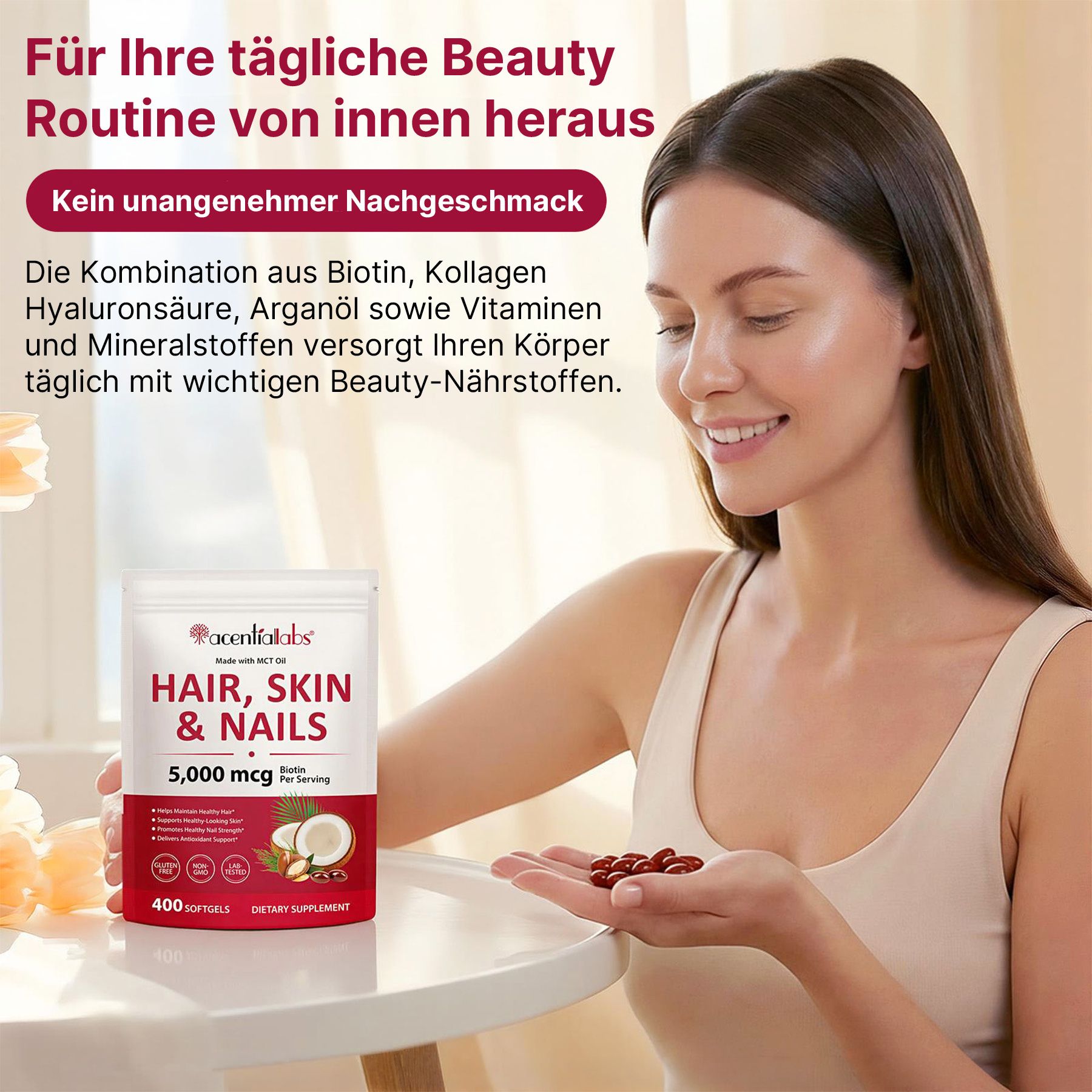 Emballage de supplément pour cheveux, peau et ongles avec 5 000 mcg de biotine. Contient 400 gélules.