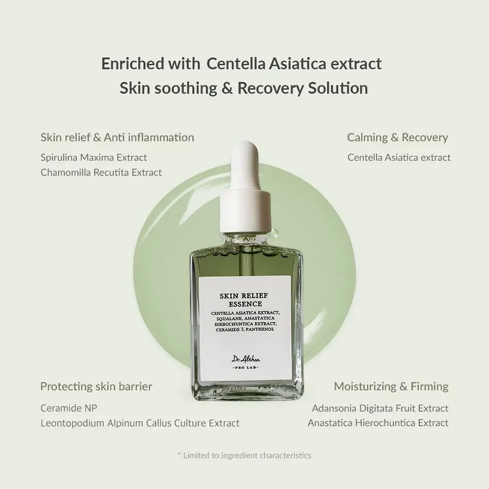Vierkante fles met groen serum en pipet. Tekst: Skin Relief Essence, Dr. Althea, ingrediënten.