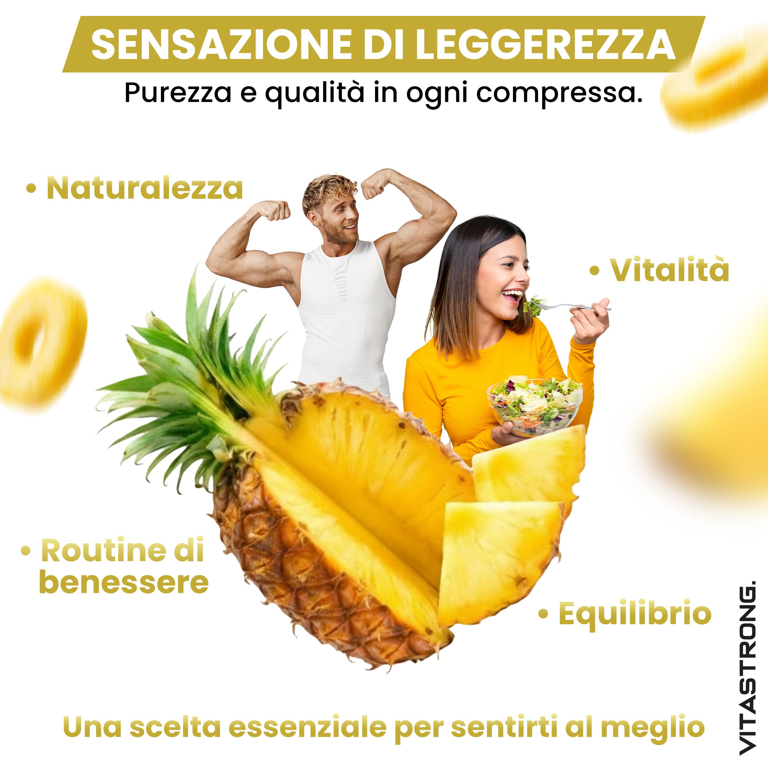 Ananas, femme avec salade, homme avec muscles. Texte : Routine, vitalité, équilibre. Logo Vitastrong.