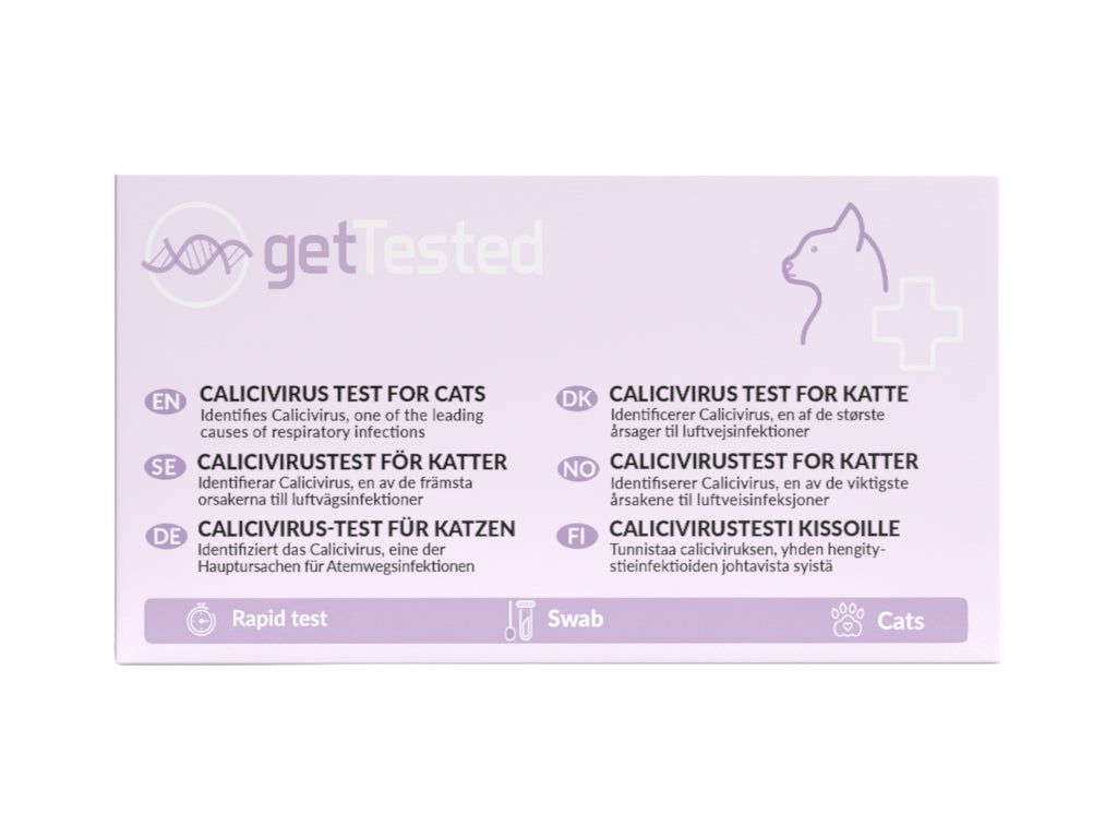 Rechthoekige verpakking met tekst en logo. Bevat informatie over de Calicivirus-test voor katten in verschillende talen.