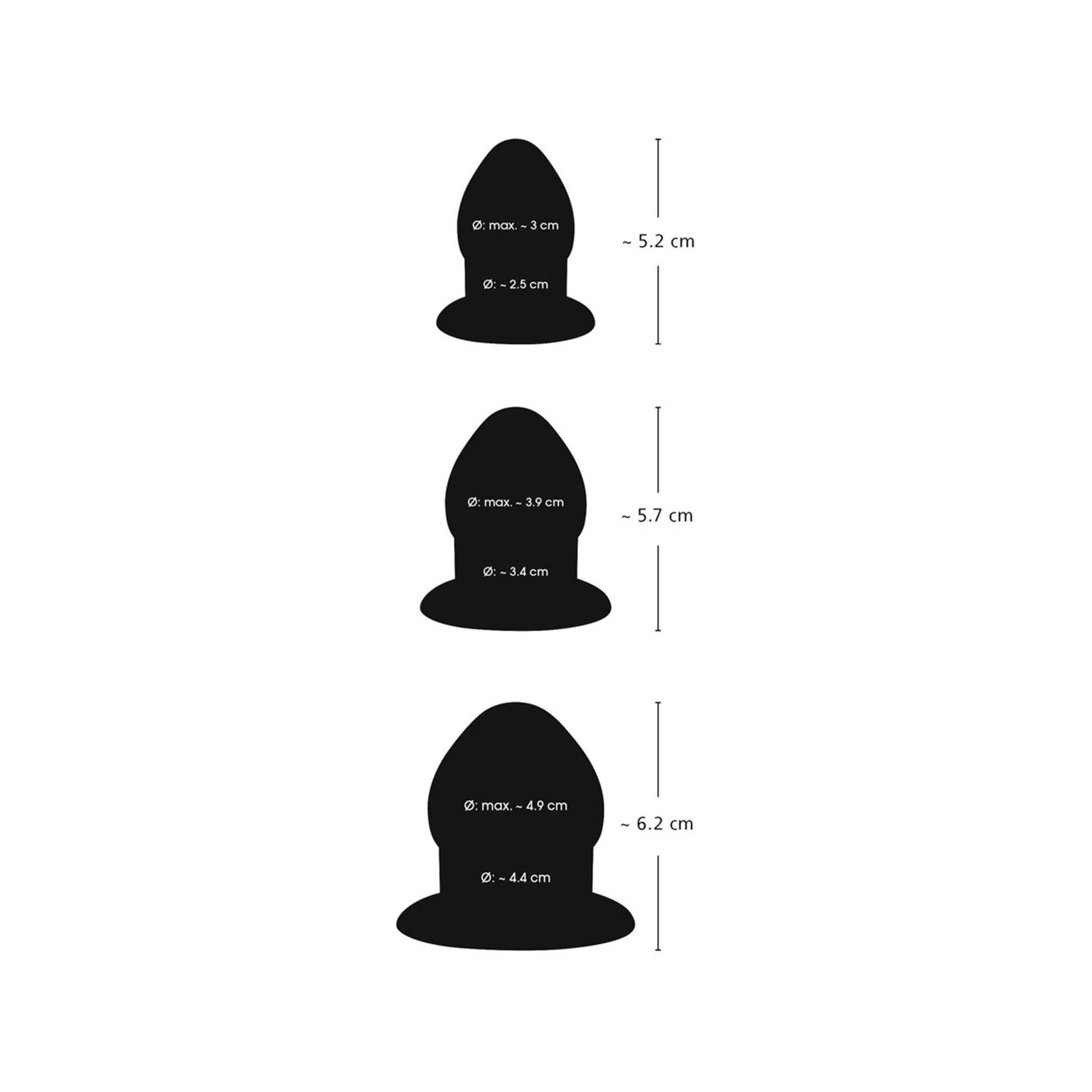 Représentation schématique de trois plugs d'étirement anal avec dimensions.