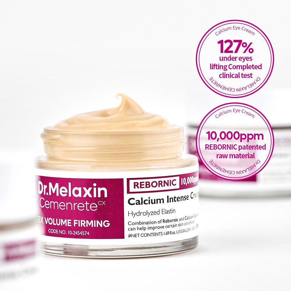 Dr. Melaxin Cemenrete Calcium Intense Cream, une crème dans un pot en verre, avec une étiquette.