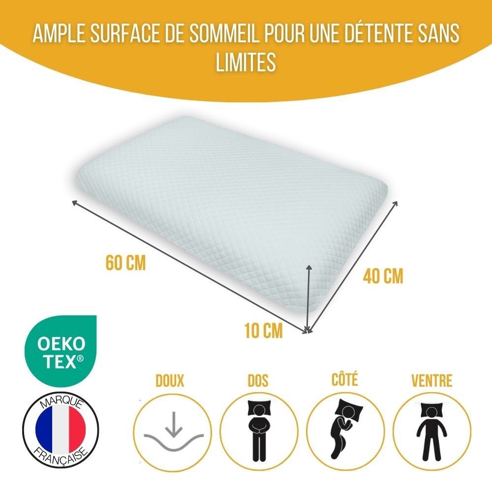 Oreiller de 60x40x10 cm. Certification Oeko-Tex. Drapeau français. Pour dormir sur le dos, le côté et le ventre.