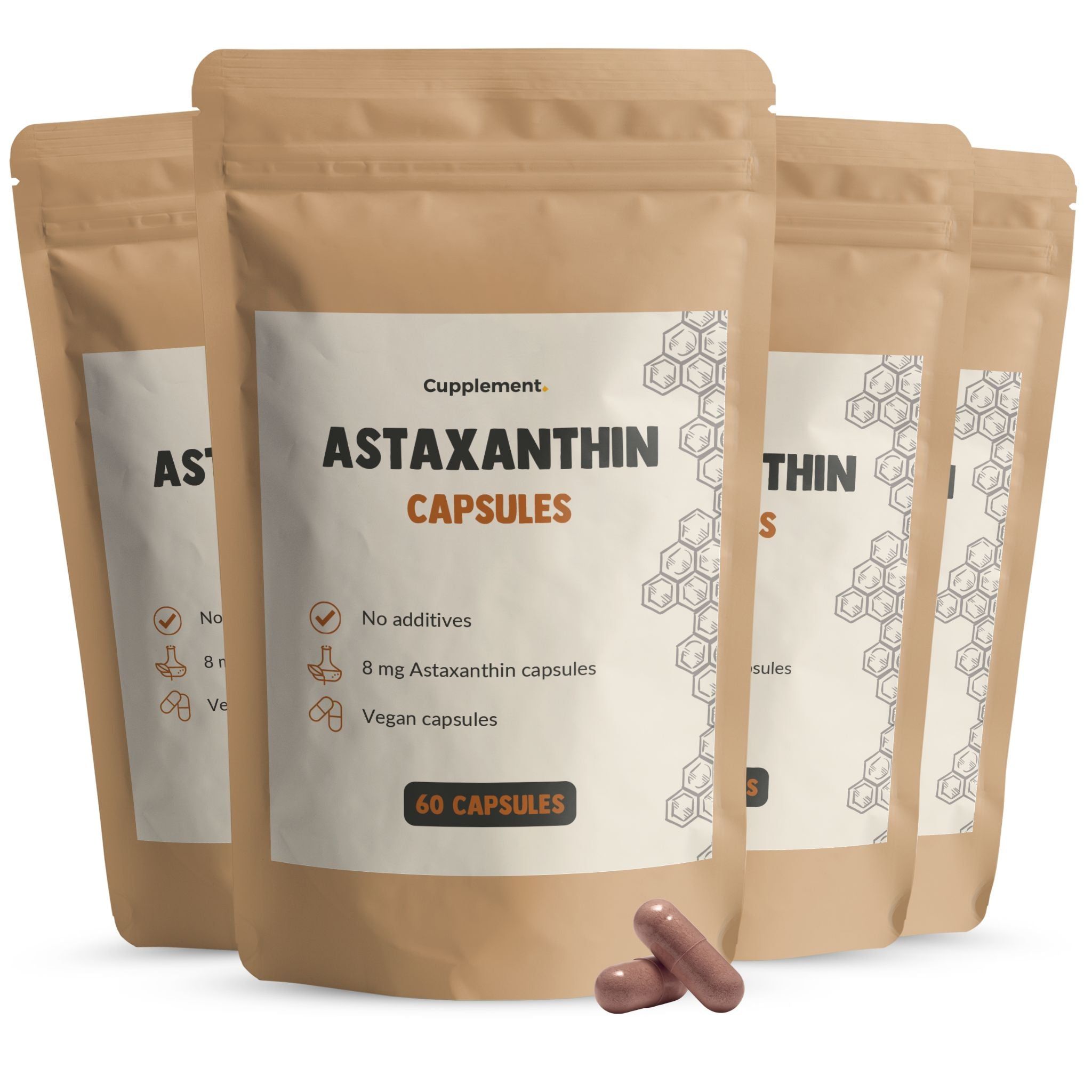 Plusieurs sachets de gélules d'astaxanthine. Inscription : Astaxanthine Capsules, 60 gélules. Gélules brunes à côté.