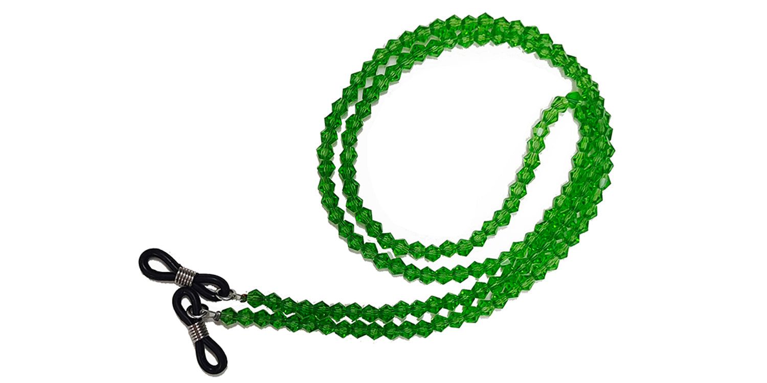 Cordon à lunettes vert à perles. Boucles noires pour fixer aux branches des lunettes.